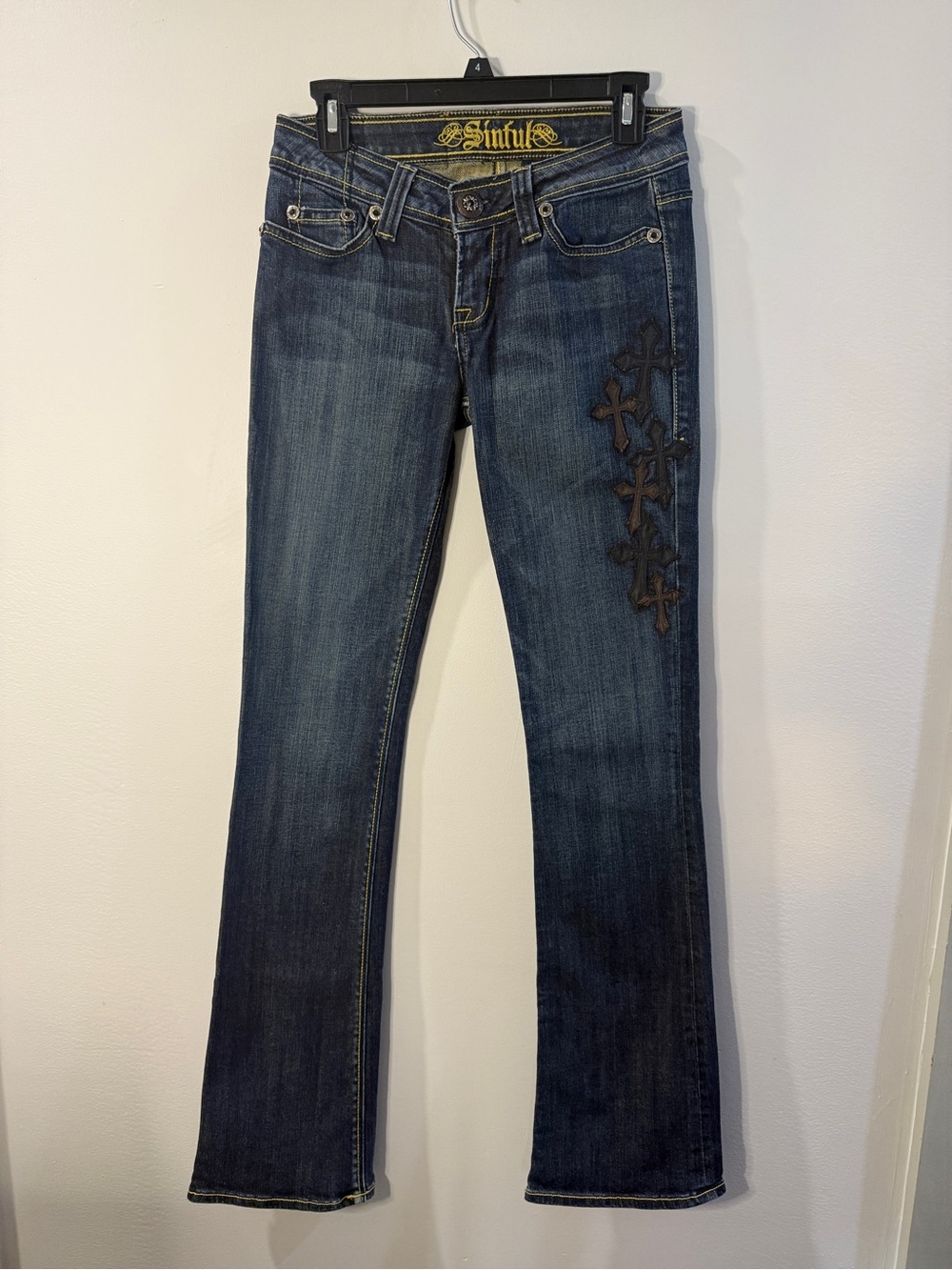Sinful by Affliction Y2K Low-Rise Bootcut Cross Patchwork Jeans